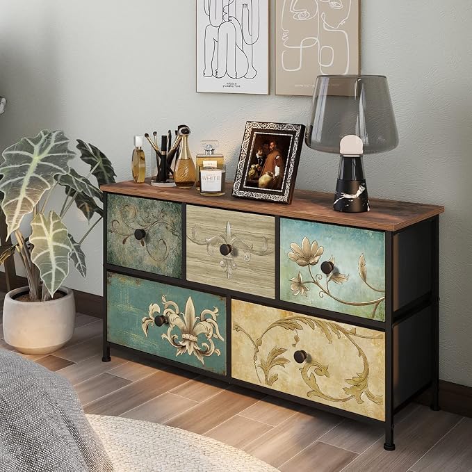 Tohomeor Dresser with Drawers for Bedroom Chest of Drawers Fabric Dresser for Closet,Nursery Entryway Hall Tree TV Stand for Living Room Retro Floral Pattern Drawers Wooden Top (5 Drawers) - Image 6