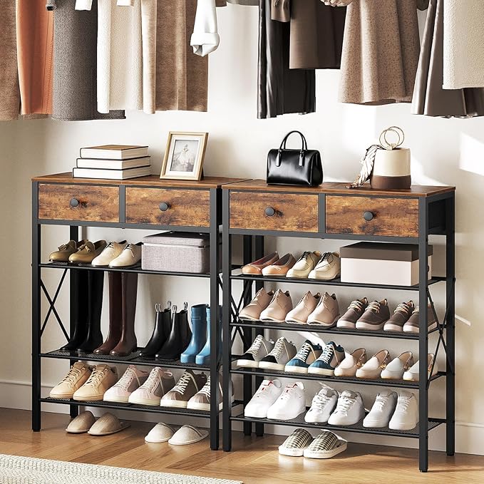 YATINEY 5 Tier Shoe Rack, Large Capacity Shoe Storage Organizer, Metal Shoe Shelf with Drawer and Wooden Top, for 20 Pairs of Shoes, for Entryway, Closet, Rustic Brown and Black SS25BRY1N1 - Image 4