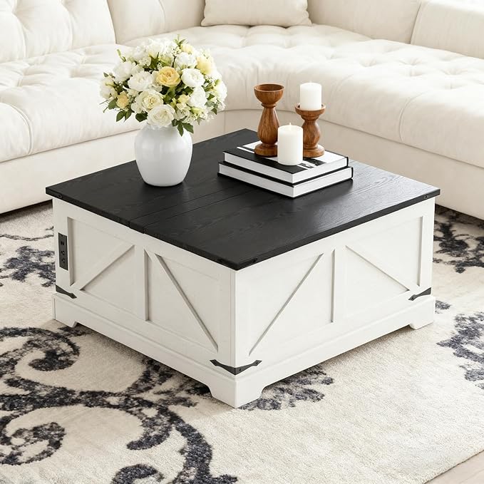 Vabches 35.4" Lift Top Coffee Table with Storage, Farmhouse Square Coffee Tables for Living Room, Center Table with Charging Station and Hidden Space, White