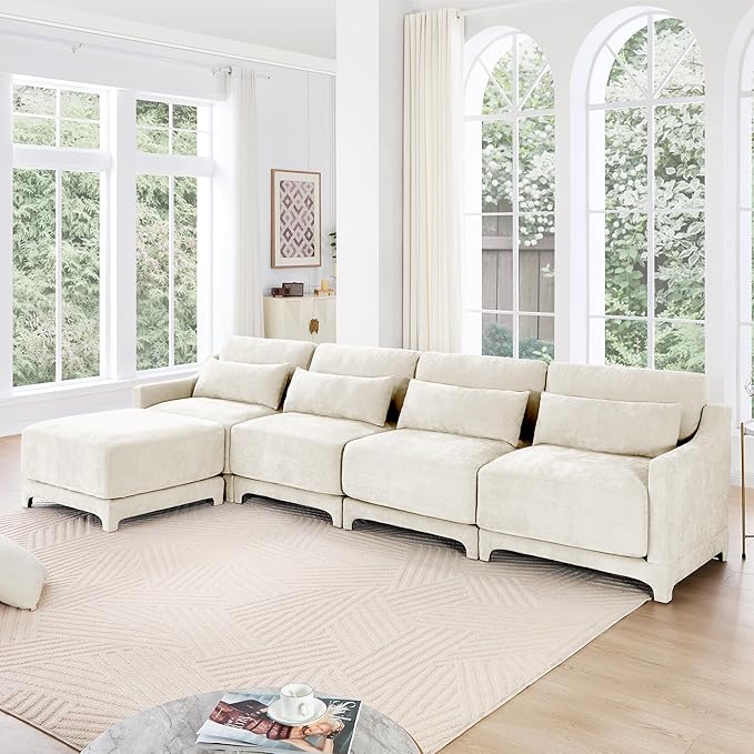 Ball & Cast 141.7" Modular Sofa Couch with Deep Seat Chenille Sofa and Wide Armrest,Ottoman, Modern Comfy 4-Seater Couch for Living Room, Office, Apartment, Easy to Assembly, Beige