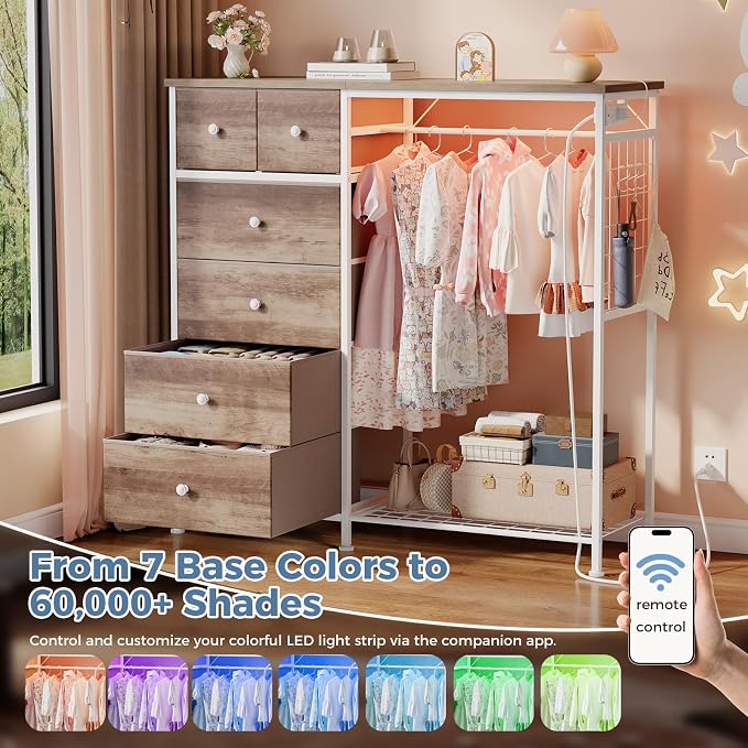 DUMOS Dresser for Bedroom with Hanging Rack, 6 Drawer Fabric Dresser with Charging Station and LED Lights, Closet Organizer & Storage Tower for Living Room, Entryway, Apartment, Oak Greige - Image 6