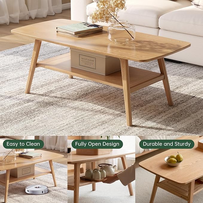 100% Solid Oak Wood Coffee Table for Living Room, 2-Tier Small Coffee Tables with Shelf Storage, Mid Century Modern Table with Rounded Corners (Natural, 39.37" x 19.68" x 17.32")