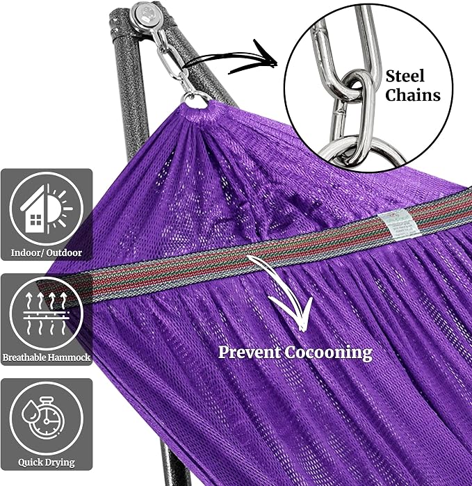 Tranquillo Universal Double Hammock with Stand Included for 2 Persons/Foldable Hammock Stand 600 lbs Capacity Portable Case - Inhouse, Outdoor, Camping, Purple - Image 2