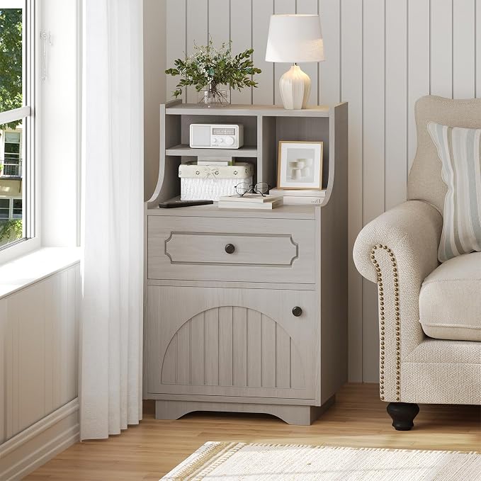 4ever2buy Farmhouse Nightstand Set of 2 with Hutch, 30 inch Tall Nightstands with Storage, End Tables Bedside Tables for Bedroom, Wash Grey - Image 6