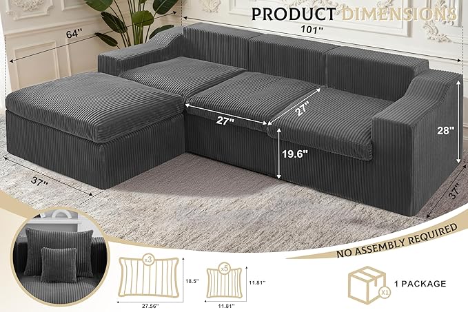 101" Modular Couch Sectionals with Ottoman, Big Comfy Cloud Couches, L Shaped 4 Seat Modular Sectional Sofa, Sectional Double Cushion Couches with Deep Seat for Living Room,No Assembly Required (Grey)