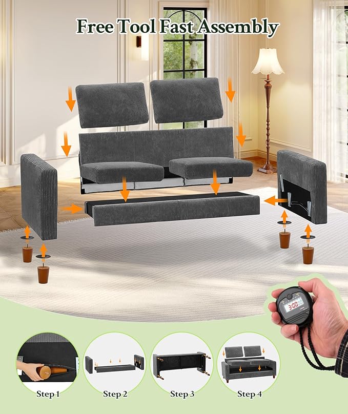 70.2" Couches for Living Room, Comfy Grey Couch 7.1" Extra Thick Cushion, Sofas for Living Room Tool-Free Setup, Loveseat Sofa 705lbs Support, Corduroy Couch for Bedroom, Apartment, Office