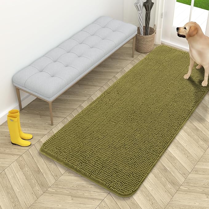 OLANLY Dog Door Mat for Muddy Paws 54x24, Absorbs Moisture and Dirt, Absorbent Non-Slip Washable Doormat, Quick Dry Chenille Mud Mat, Entry Indoor Entryway Carpet for Inside Floor, Willow Green by OLANLY