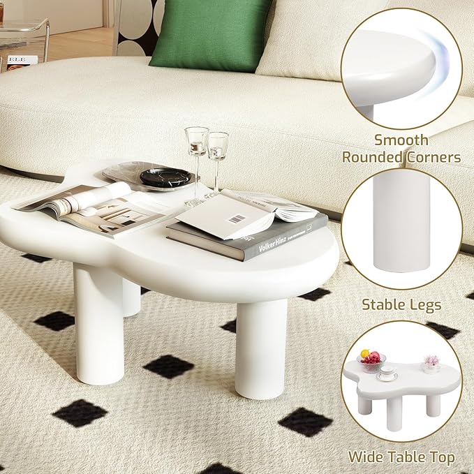 HollyHOME 34" Cloud Wood Coffee Table - 3-Leg Modern Accent Center Table for Living Room Bedroom Balcony Patio, Cream White