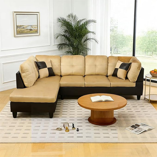 103.5 Inch Modern L-Shaped Couch, Flannel Sectional Sofa with Chaise Lounge, 4-Seater Couch with Accent Pillows for Living Room, Apartment, Beige and Brown