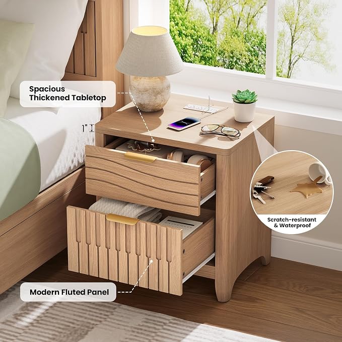 Fluted Nightstand with Charging Station, Modern Bedside Table with 2 Storage Drawers, Curved Corner & Metal Handle, Mid Century Night Stand End Side Table for Bedroom, Natural Oak - Image 5