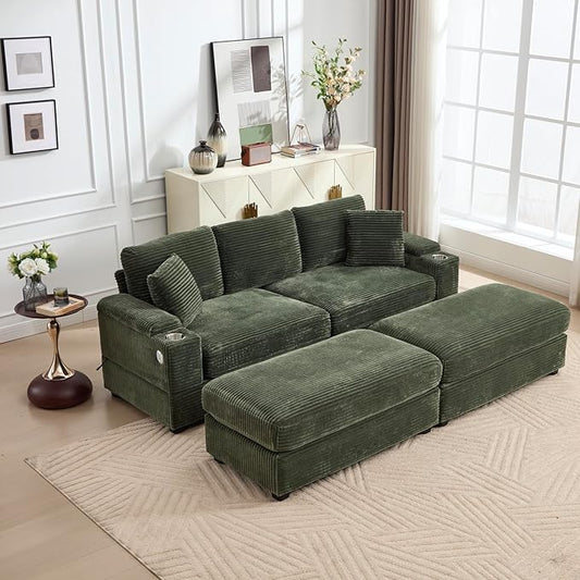 KEIKI Combination Sofa Bed Set, 4 Seat Chaise Lounge Sofa with Armrest Storage, Cupholders, USB, Deep Seat Couch Reading Chairs for Living Room, Green