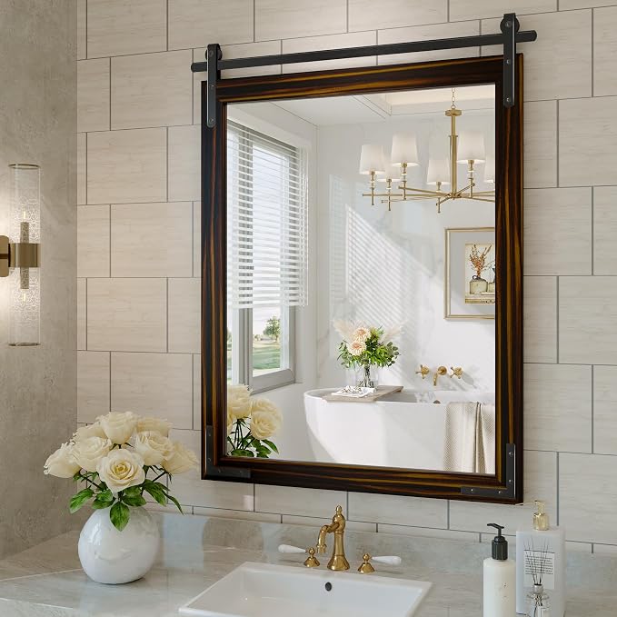 Farmhouse Bathroom Mirror, 28x36 Inch Black Brown Vanity Mirror for Wall, Wood Framed Rustic Mirror Rectangular Wall Decor Mirrors for Entryway Living Room Bedroom by JIINGYO