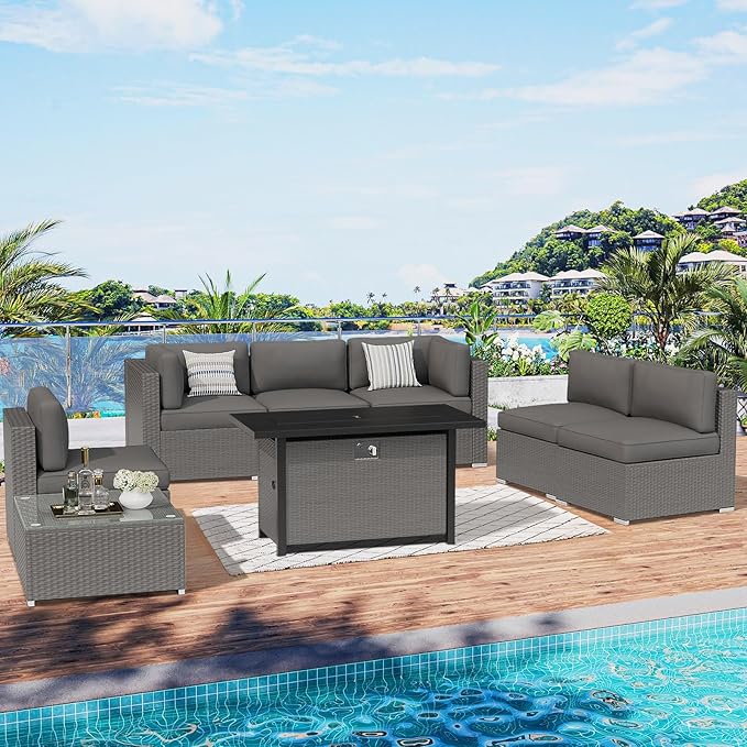 SUNCROWN Outdoor Patio Furniture Set 7 Piece Outdoor Sectional Sofa Grey Wicker Conversation Sofa Set with Coffee Table, Cushions and Fire Pit Table -Grey