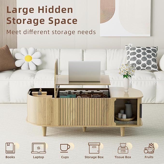 Lift Top Coffee Table, Oval Mid Century Modern Center Table with 3 Hidden Storage, 41" Coffee Tables with Sliding Door and Open Cabinet for Living Room Bedroom Office, Natural Wood