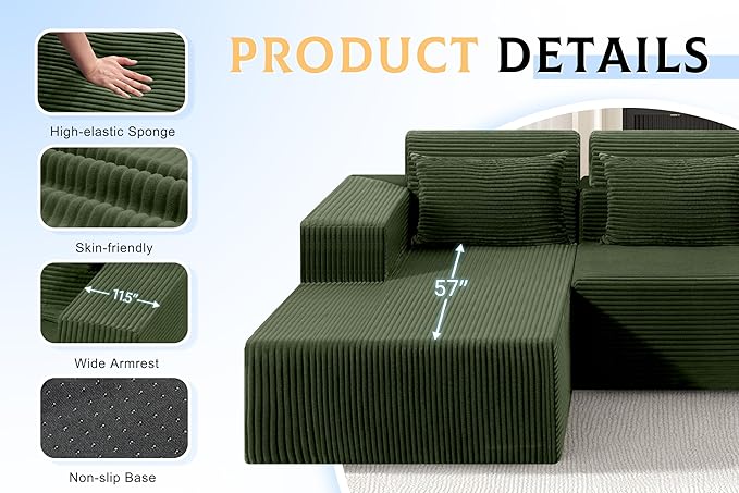 Homguava Modular Sectional Couches for Living Room,105" Cloud Couch with L-Shape Chaise,Comfy Sofa Living Room Sofas with Deep Seat,No Assembly L Couch,Corduroy Fabric(Green,L)