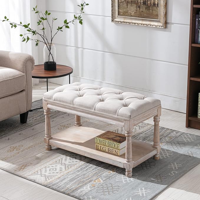 Farmhouse Storage Bench Wooden Entryway Linen Upholstered Ottoman Button Tufted Bench for Bedroom End of Bed Hallway Organizer, Beige, 32 Inch - Image 5