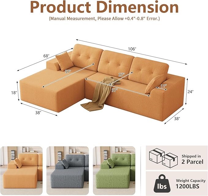 Ball & Cast 106" Modular Sectional Sofa,Cloud Chenille Couch with Deep Seat,Boneless L-Shaped Sectional,Modern Comfort Upholstered Sofa for Living Room,No Assembly Required (Orange,Left Facing Chaise)