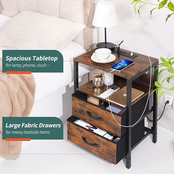 Yoobure Nightstand with Charging Station, LED Night Stand with Fabric Drawers and Storage Shelf for Bedroom, Nightstands Bedside Tables with USB Ports & Outlets, Small Night Stands, Bed Side Table - Image 7