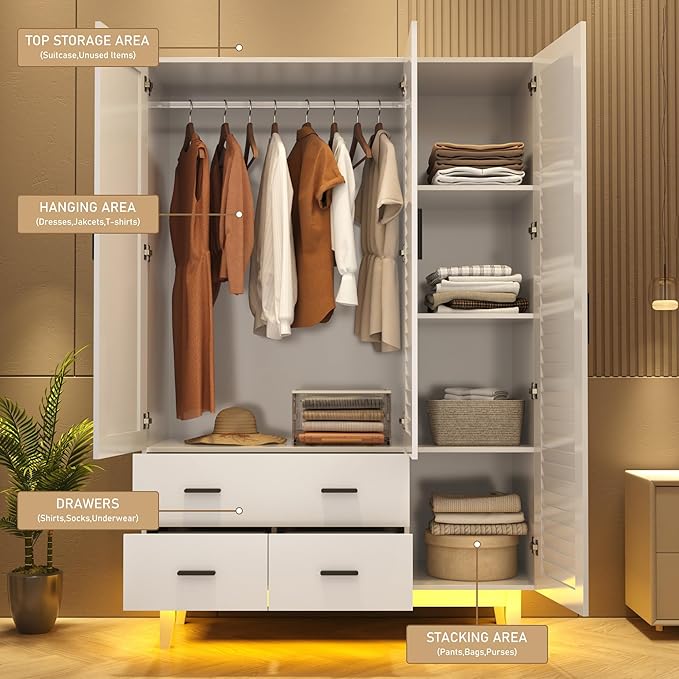 Hlivelood 3 Door Armoire Wardrobe Closet Cabinet with Drawers and LED Lights, Multi-Tier Shelves, Hanging Rod & 3 Louver Doors, Large Capacity Storage Wardrobe Armoire for Bedroom, White