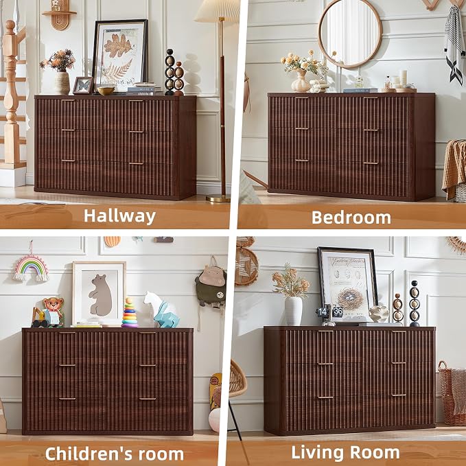 LEYAOYAO Fluted 6 Drawers Dresser for Bedroom, 48" Wide Modern Chest of Drawers with Metal Handle, Walnut Curved Profile Farmhouse Closet Organizer Wood Dressers TV Stand for Living Room, Hallway - Image 8