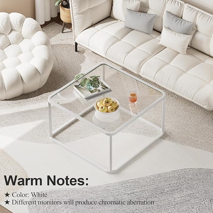 Coffee Table Glass, Minimalist Square Tables for Living Room, Modern Center Table for Office or Small Space, Sturdy Metal Frame, Easy Assembly, 26.4 x 26.4 x 15.7 Inches, White