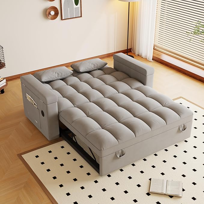 Convertible Sofa Bed, 5-in-1 Pull Out Couch with Side Table, Loveseat Sleeper Sofas Bed Couch with USB Port, 65‘’ Velvet Pull Out Sofa Beds for Living Room, Bedroom, Apartment