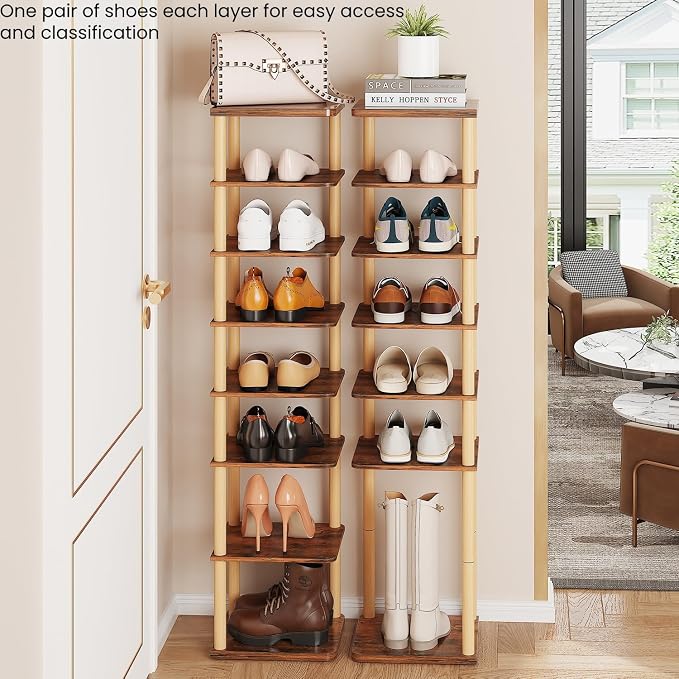 LUCKNOCK Vertical Shoe Rack, 8-Tier Tall Narrow Shoe Organizer for Entryway, Closet, Dorm & Small Spaces, Freestanding Wooden Shoe Shelf Tower for Boots, Sneakers, Heels. (Rustic Brown) - Image 4