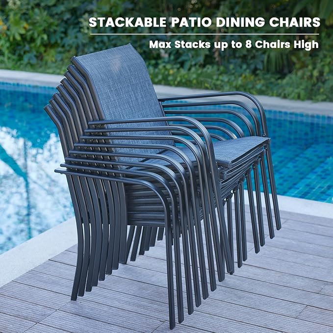 VICLLAX Patio Table and Chairs Set for 6, Patio Furniture Set of 6 Patio Stackable Dining Chairs and Outdoor Metal Table with Umbrella Hole for Backyard Lawn Garden, Dark Grey Chairs and Black Table - Image 2
