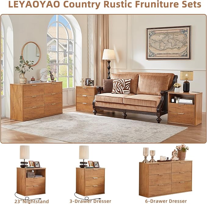 LEYAOYAO Fluted Nightstand with Charging Station, 23" Wide 2 Drawers End Table, Brown Night Stand with Open Storage Cabinet, Farmhouse Bed Side Tables, Wood Dresser for Bedroom, Living Room, Closet - Image 3