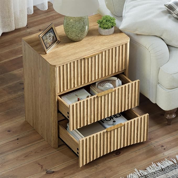 Evermagin Fluted Nightstand, Natural Oak Bedside Table with 3 Drawers, Wood End Table with Storage Mid Century Modern, Large Night Stand for Bedroom - Image 5