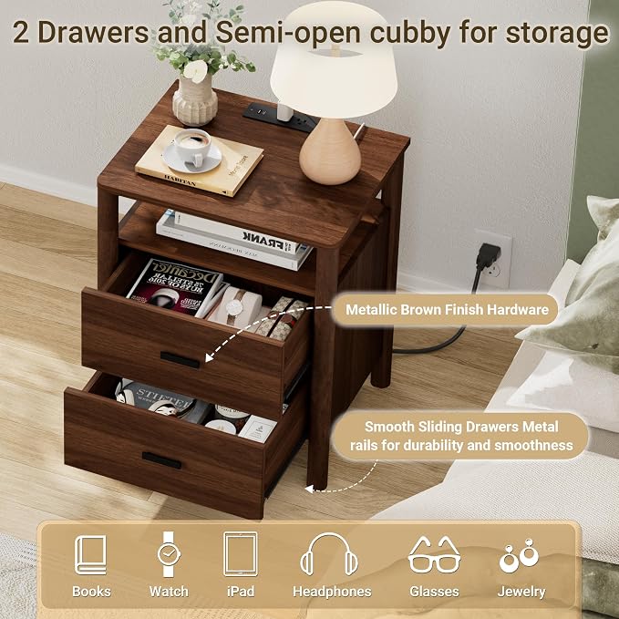 Night Stand Set 2, 20" Wide Nightstands Set of 2, Modern Nightstand with Charging Station, 2 Drawer Wooden End Table with Solid Round Post Legs, Bedside Table w/Storage for Bedroom, Walnut - Image 7