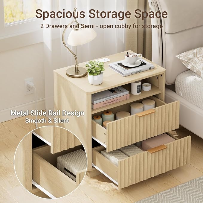 Fluted Nightstand, 23" Wide Night Stand, Modern Nightstand with Charging Station, 2 Drawer Large End Table w/Storage, Bedside Table for Bedroom Sofa Home Office, Curved Corners, Natural Oak - Image 6
