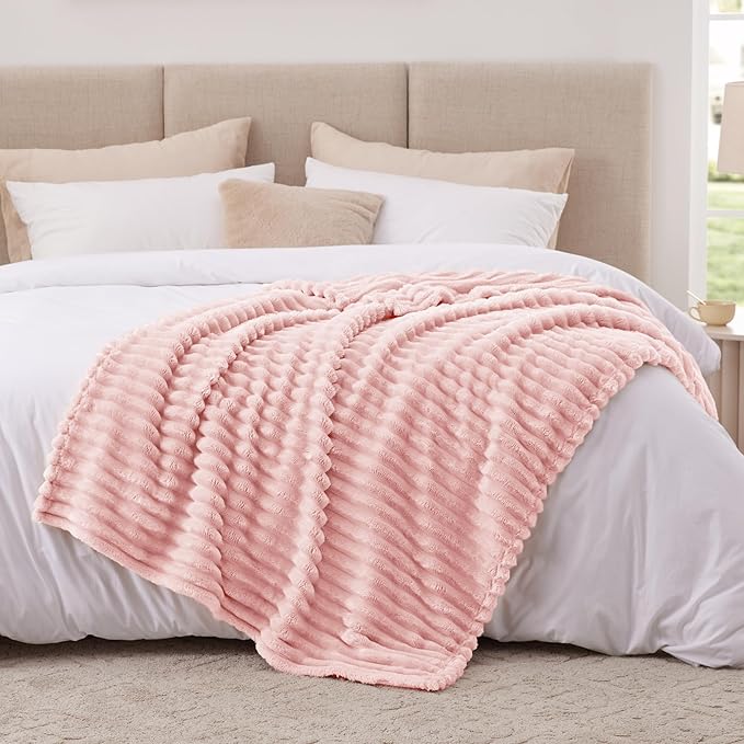 EXQ Home Fleece Blanket Twin Size for Couch or Bed - 3D Stripe Jacquard Decorative Blankets - Cozy Soft Lightweight Fuzzy Flannel Blanket Suitable for All Seasons(60"??80",Pink)