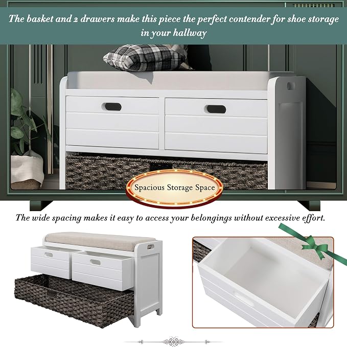 SOFTSEA Storage Bench with Drawers and Basket, Farmhouse Shoe Bench with Seating and Cushion for Hallway Entryway Living Room, Full Assembled (White Wash-2 Drawers) - Image 5