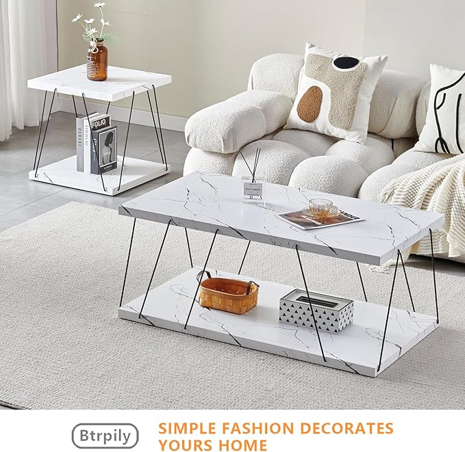 Btrpily Wooden Coffee Table - Modern Marble Coffee Table， Contemporary, Stylish, High-End Furnishing for Your Living Room (White Marble, Rectangle)