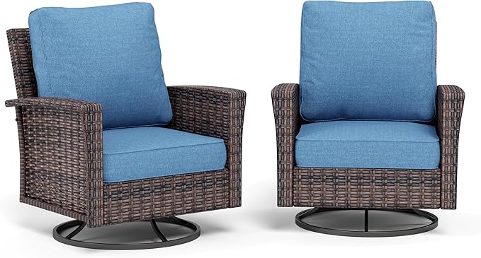 Patio Wicker Swivel Chairs Set of 2, Outdoor High Back Chairs with 5.5" Waterproof Cushions, Outdoor Furniture Set for Deck Porch and Yard, Blue