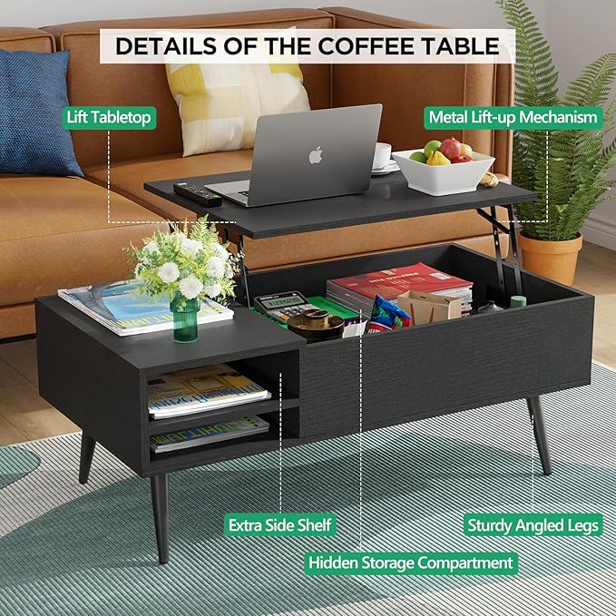PayLessHere 39" Lift Top Coffee Table with Adjustable Storage and Hidden Compartment Small Wood Coffee Table Center Table for Home Living Room Office Apartment Reception Room,Black