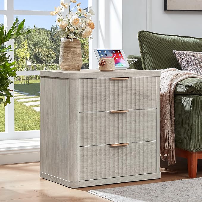 LEYAOYAO Fluted Farmhouse Nightstand Set of 2 with Charging Station, 23" Wide 3 Drawers Night Stand,LightGrey Dresser for Bedroom,Bed Side Table Chest of Drawers,Wood End Table for Living Room - Image 2