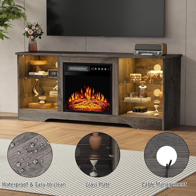 PRETZI Fireplace TV Stand with 18" Fireplace Up to 65" TVs, 58" Entertainment Center with LED Lights, TV Media Console with Adjustable Glass Shelves and Storage Cabinets for Living Room, Grey - Image 5