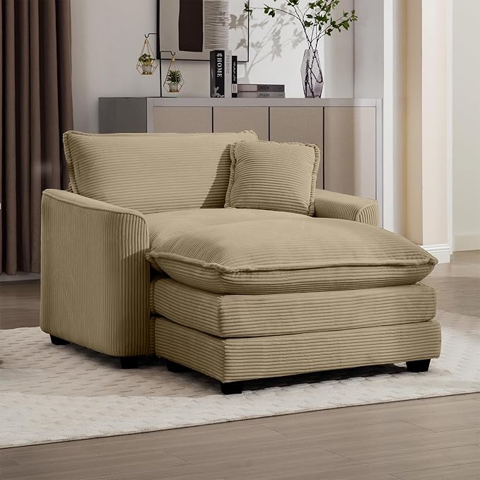 KEIKI 45" Oversized Corduroy Modular Sectional Single Sofa with 1 Ottoman, High-Density Foam Cushions, Removable Armrest, Upholstered 1-Seater Lounge Accent Chair with 1 Pillow, for Living Room, Tan