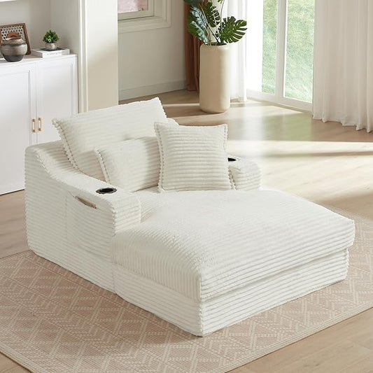 47 Inches Oversized Chaise Lounge Chair Indoor, Fluffy Corduroy Upholstered Boneless Sleeper Sofa Couch with Cupholders and 3 Throw Pillows, Deep Seat Lazy Lounger Cloud Couch Bed for Living Room