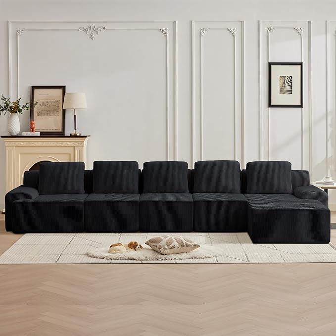 158.2'' Modular Sectional Sofa with Movable Ottoman, 5 Seat Deep Seat Couch with 5 Pillows, Comfy Cloud Sectional Sofa for Living Room, Bedroom (Black, 1 Left+1 Right+3 Middle+1 Ottoman)