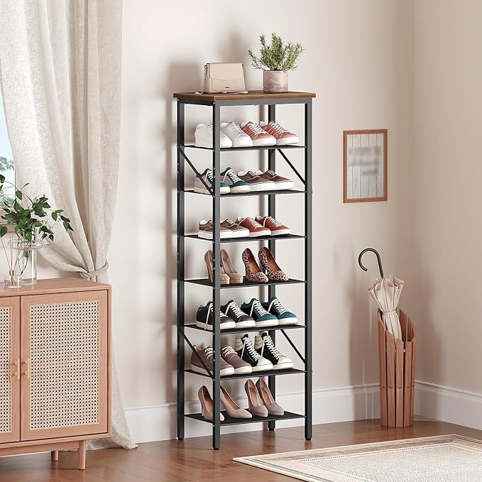 MAHANCRIS 8 Tier Narrow Shoe Rack Organizer, Tall Slim Shoe Storage for Small Space, Holds 8-16 Pairs, Metal Shoe Shelf with Wooden Top for Entryway Closet Bedroom, Rustic Brown and Black SRHR08401 - Image 2