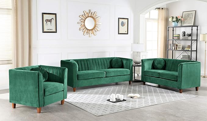 Arvilla Velvet Chair with Bolster Pillows, Soft Upholstery, Mid Century Modern Design, Chesterfield-Inspired Accent Armchair for Living Rooms, Pine Green
