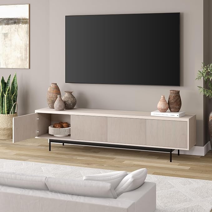 Henn&Hart Fluted TV Stand for TVs up to 85" with 2 Open-Concept Ribbed Storage Cabinets for Living Room, Family Room, or Office, Beech White - Image 6