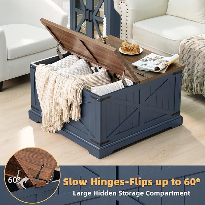 Farmhouse Coffee Table with Large Hidden Storage Compartment, Navy Blue Square Center Table, Wood Rustic Low Modern Living Room Tables with Hinged Lift Brown Top & Wooden Arc Base
