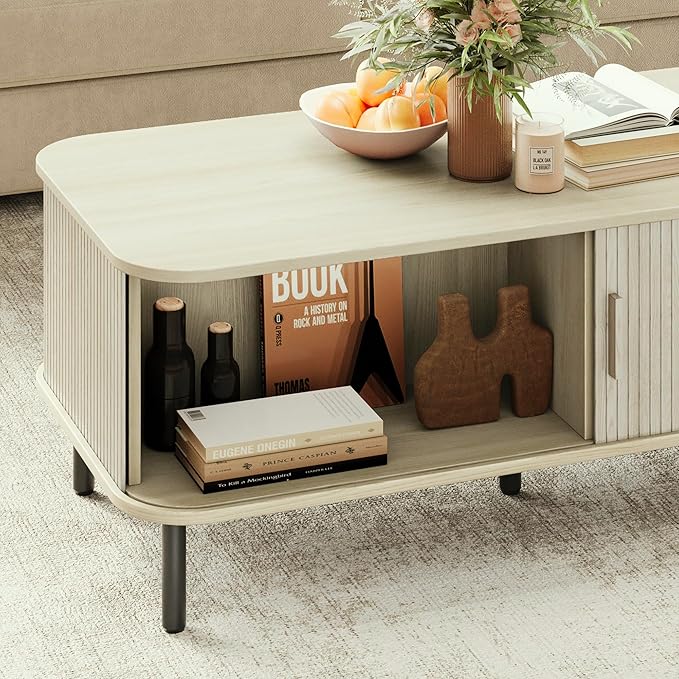 ONBRILL Coffee Table with Storage, 47.2" Mid Century Modern Coffee Tables for Living Room, Rectangle Wood Center Table with Sliding Tambour Door & Adjustable Leg for Living Room, Natural White