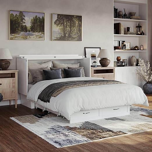 AFI, Chelsea Mid-Century Modern Queen Solid Wood Murphy Bed Chest with 6" Mattress, Storage Drawer & Built-in USB Charger, White