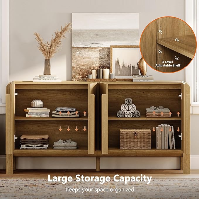 WAMPAT 3 Piece Bedroom Set, Modern 63" Wide Dresser Cabinet and Nightstand Set of 2 with Charging Station,Wood Storage Closet Chest with Natural Texture for Bedroom, Hallway,Light Walnut