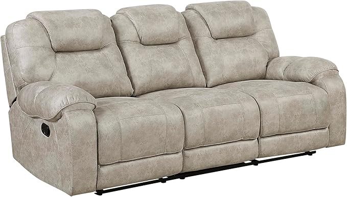 Lexicon Manual Double Reclining Sofa, Polished Microfiber Wall Hugger 3 Seater Manual Tab Pull Sofa Recliner for Living Room, Pillow Top Armrest, Padded Headrest, Easy Assembly, Pewter
